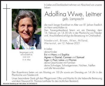 Traueranzeige von Adolfina Leitner von Dolomiten