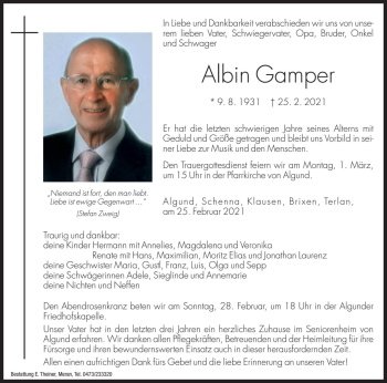 Traueranzeige von Albin Gamper von Dolomiten