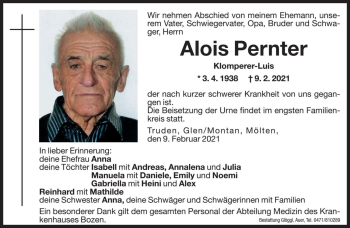 Traueranzeige von Alois Pernter von Dolomiten