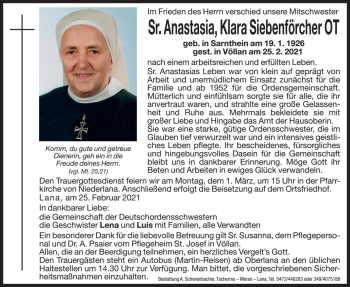 Traueranzeige von Anastasia Klara Siebenförcher von Dolomiten