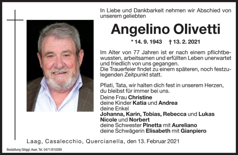  Traueranzeige für Angelino Olivetti vom 15.02.2021 aus Dolomiten