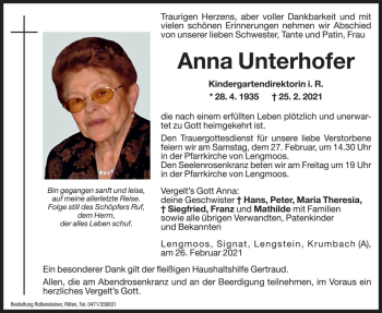 Traueranzeige von Anna Unterhofer von Dolomiten