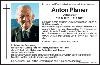Traueranzeige von Anton Planer von Dolomiten