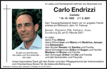 Traueranzeige von Carlo Endrizzi von Dolomiten