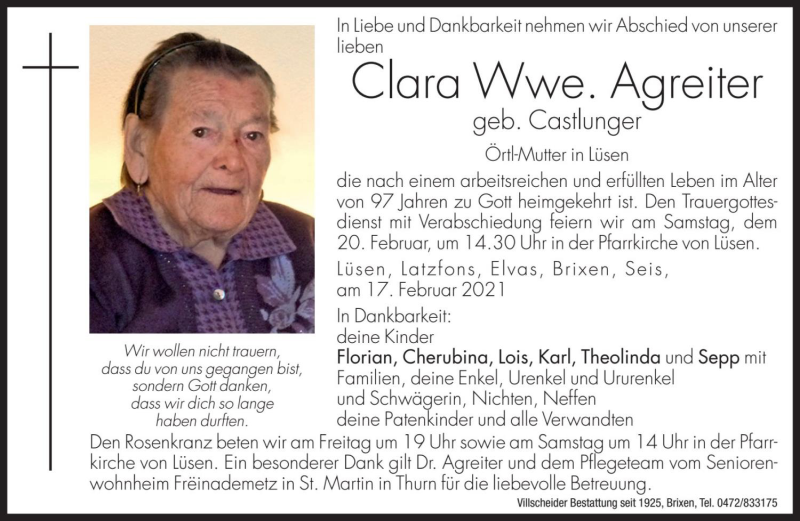  Traueranzeige für Clara Agreiter vom 19.02.2021 aus Dolomiten