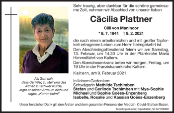 Traueranzeige von Cäcilia Plattner von Dolomiten