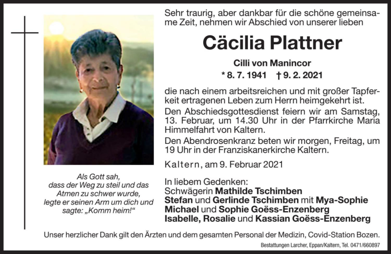  Traueranzeige für Cäcilia Plattner vom 11.02.2021 aus Dolomiten