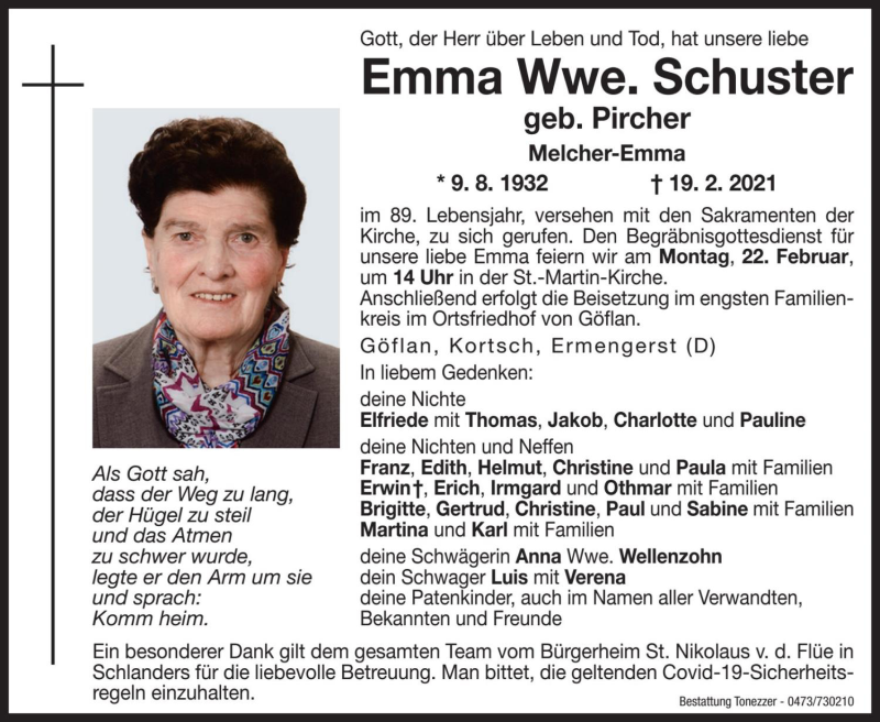 Traueranzeige für Emma Schuster vom 22.02.2021 aus Dolomiten