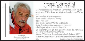 Traueranzeige von Franz Corradini von Dolomiten