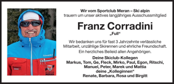 Traueranzeige von Franz Corradini von Dolomiten