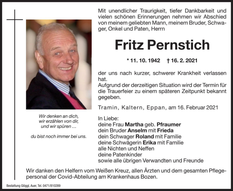  Traueranzeige für Fritz Pernstich vom 18.02.2021 aus Dolomiten