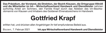 Traueranzeige von Gottfried Krapf von Dolomiten