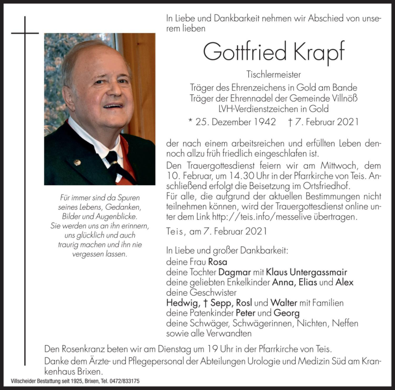  Traueranzeige für Gottfried Krapf vom 09.02.2021 aus Dolomiten