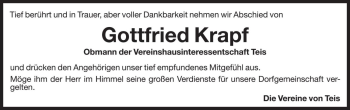 Traueranzeige von Gottfried Krapf von Dolomiten