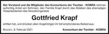 Traueranzeige von Gottfried Krapf von Dolomiten