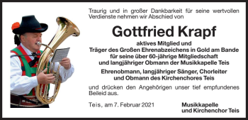 Traueranzeige von Gottfried Krapf von Dolomiten