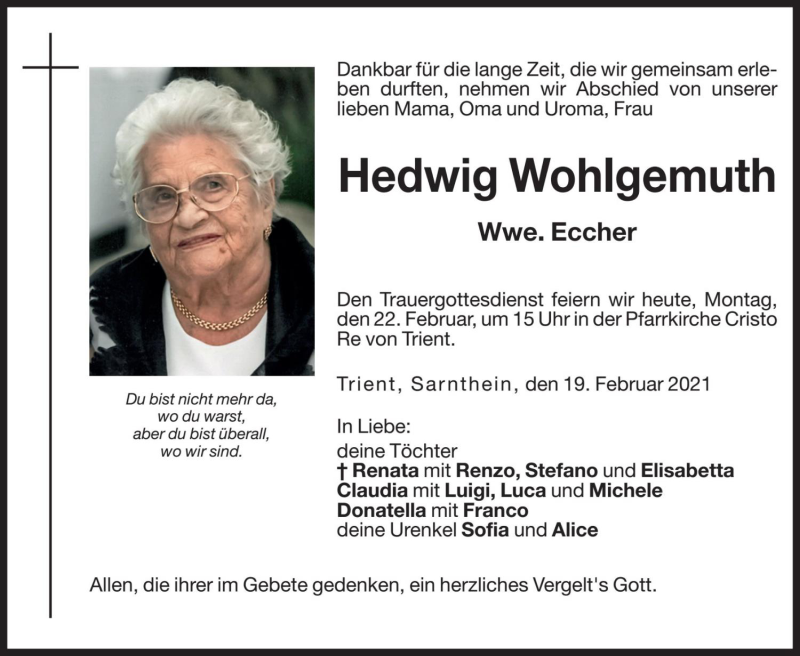  Traueranzeige für Hedwig Eccher vom 22.02.2021 aus Dolomiten