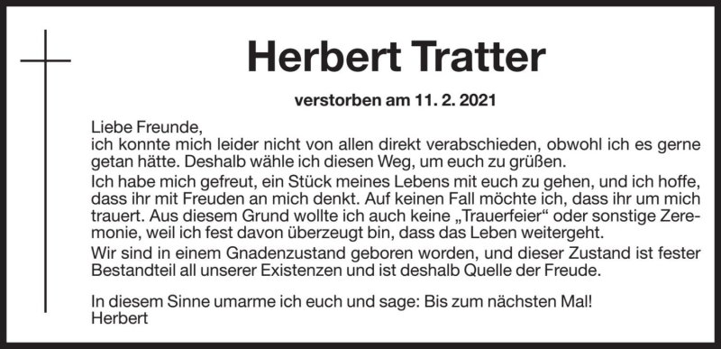  Traueranzeige für Herbert Tratter vom 16.02.2021 aus Dolomiten