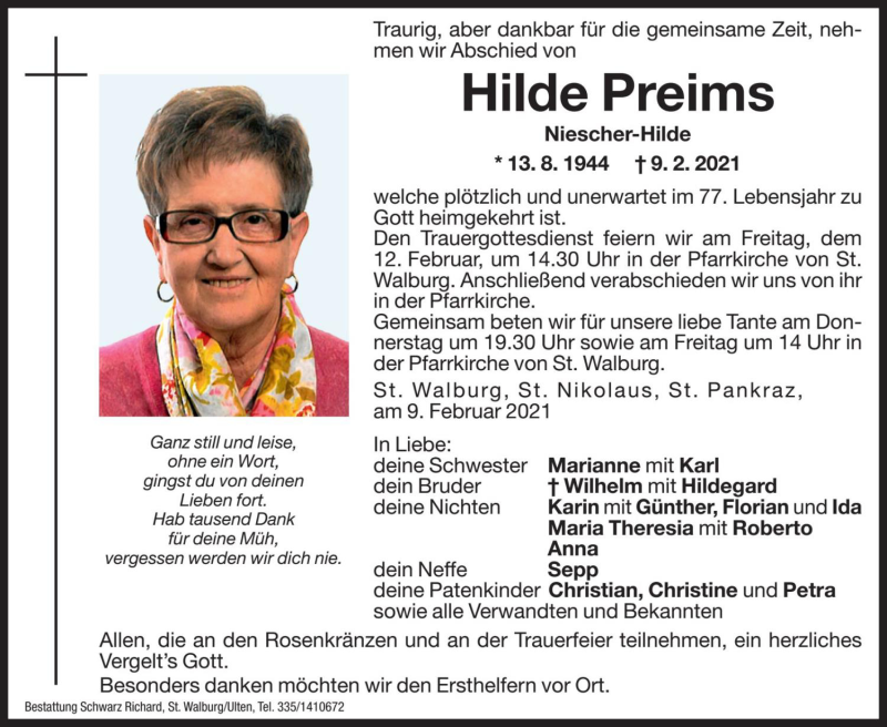  Traueranzeige für Hilde Preims vom 10.02.2021 aus Dolomiten