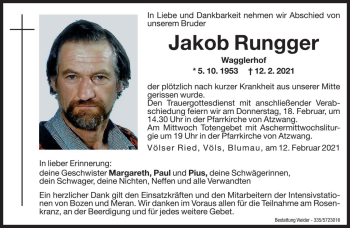 Traueranzeige von Jakob Rungger von Dolomiten
