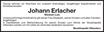 Traueranzeige von Johann Erlacher von Dolomiten