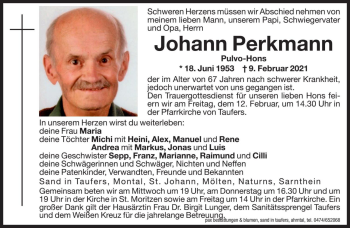 Traueranzeige von Johann Perkmann von Dolomiten