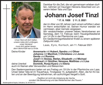 Traueranzeige von Johann Josef Tinzl von Dolomiten