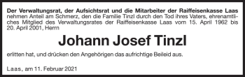 Traueranzeige von Johann Josef Tinzl von Dolomiten