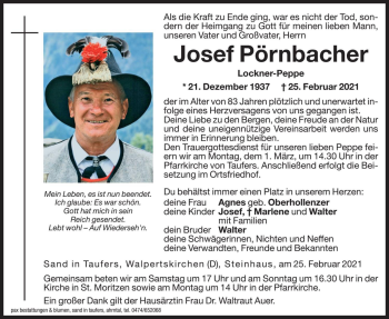 Traueranzeige von Josef Pörnbacher von Dolomiten