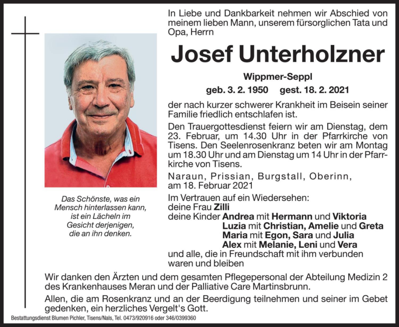  Traueranzeige für Josef Unterholzner vom 22.02.2021 aus Dolomiten