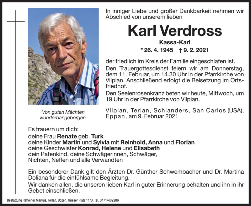  Traueranzeige für Karl Verdross vom 10.02.2021 aus Dolomiten