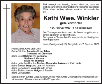 Traueranzeige von Kathi Winkler von Dolomiten