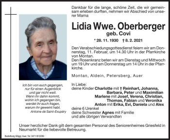 Traueranzeige von Lidia Oberberger von Dolomiten