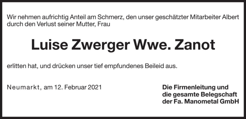  Traueranzeige für Luise Zanot vom 13.02.2021 aus Dolomiten