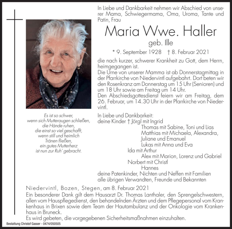  Traueranzeige für Maria Haller vom 24.02.2021 aus Dolomiten