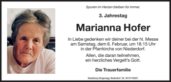 Traueranzeige von Marianna Hofer von Dolomiten
