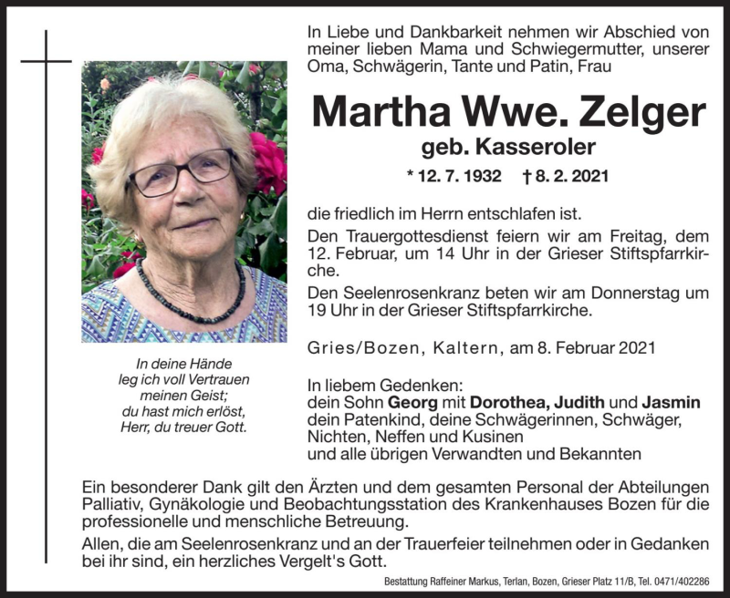  Traueranzeige für Martha Zelger vom 10.02.2021 aus Dolomiten