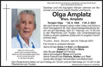 Traueranzeige von Olga Amplatz von Dolomiten