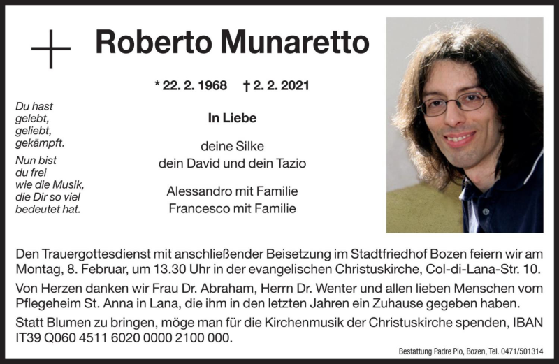  Traueranzeige für Roberto Munaretto vom 06.02.2021 aus Dolomiten