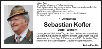 Traueranzeige von Sebastian Kofler von Dolomiten