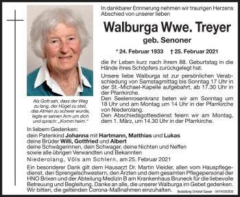 Traueranzeige von Walburga Treyer von Dolomiten