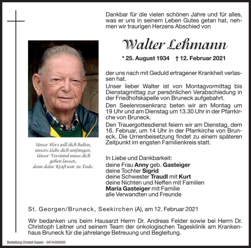  Traueranzeige für Walter Lehmann vom 15.02.2021 aus Dolomiten