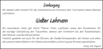 Traueranzeige von Walter Lehmann von Dolomiten