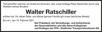 Traueranzeige von Walter Ratschiller von Dolomiten