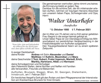 Traueranzeige von Walter Unterhofer von Dolomiten
