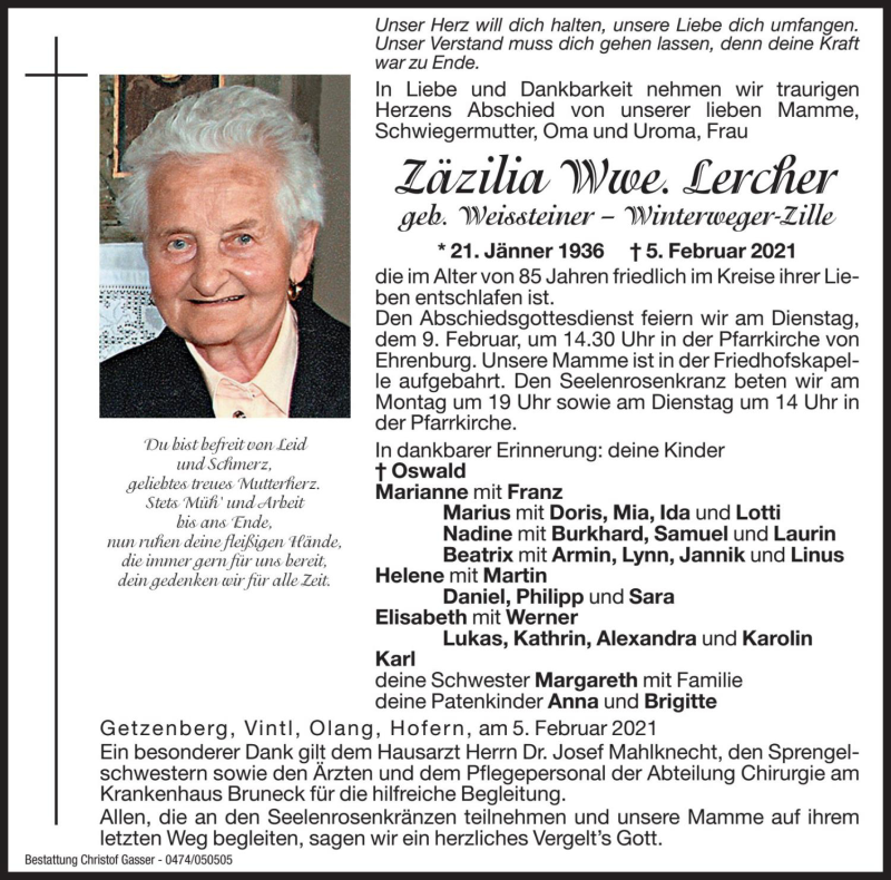  Traueranzeige für Zäzilia Lercher vom 08.02.2021 aus Dolomiten
