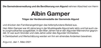 Traueranzeige von Albin Gamper von Dolomiten