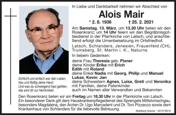 Traueranzeige von Alois Mair von Dolomiten