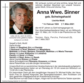 Traueranzeige von Anna Sinner von Dolomiten