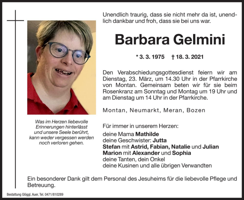  Traueranzeige für Barbara Gelmini vom 20.03.2021 aus Dolomiten